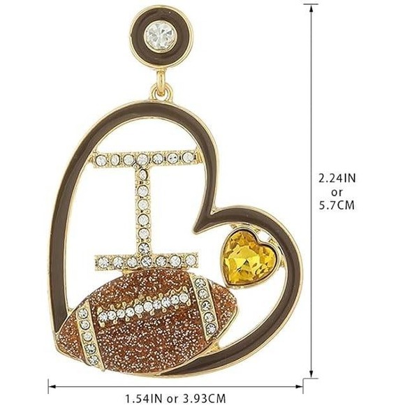 Heart Football Dangle Earrings Rhinestone Sparkle Women Super Bowl - Picture 3 of 7